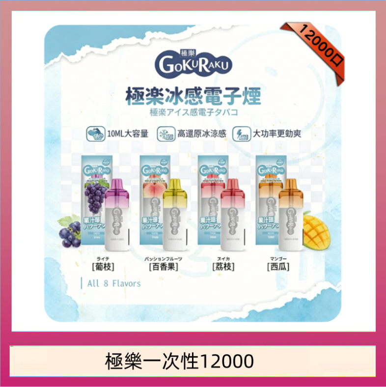 【8種口味】極楽 12000口一次性電子煙|超大容量 |口感絲滑|新品